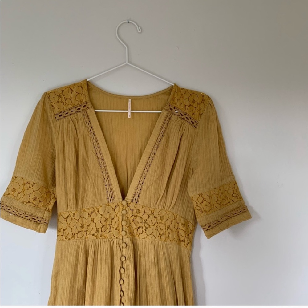 Free People Mustard Eyelet Button Up Midi Dress S